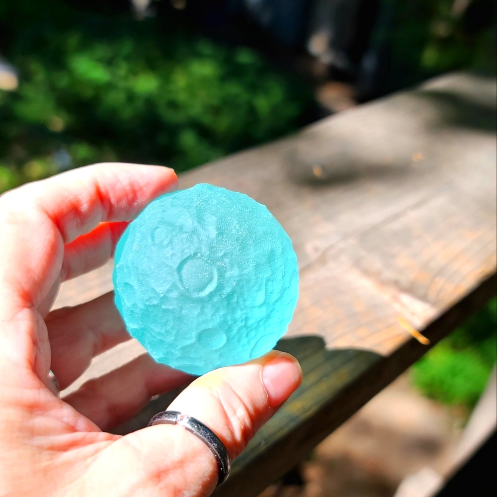 STUNNING large blue fluorite crystal moon 5" diameter